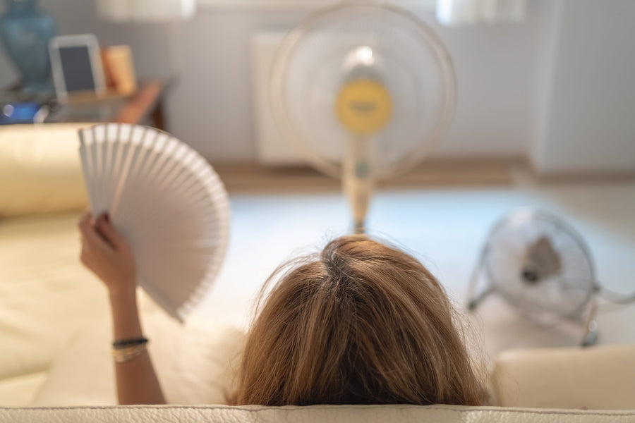 A woman with blonde hair holds a white hand fan while a standing electric fan blows air toward her.